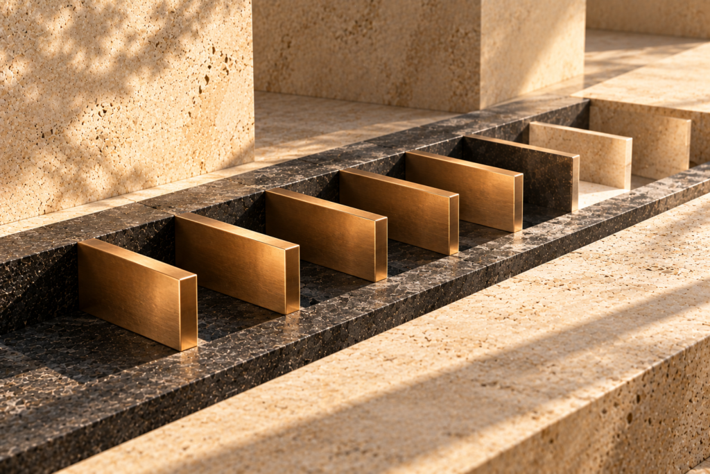 Brushed bronze partitions inside a graphite stone channel surrounded by sunlit beige travertine