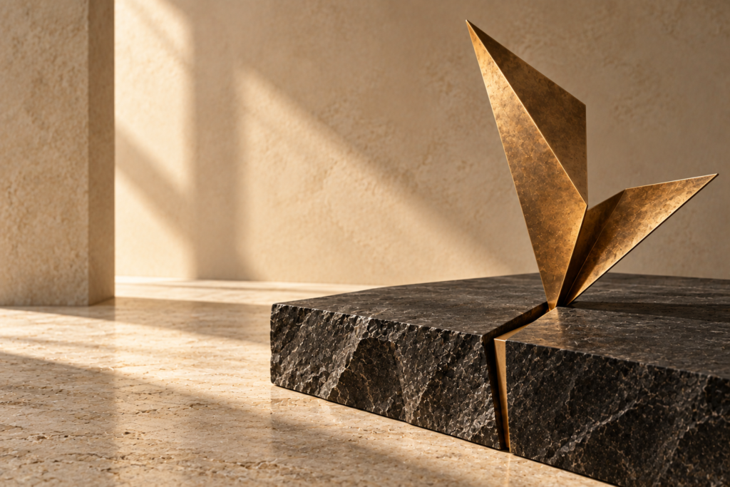 Abstract folded bronze sculpture emerging from split graphite stone in a minimalist architectural setting
