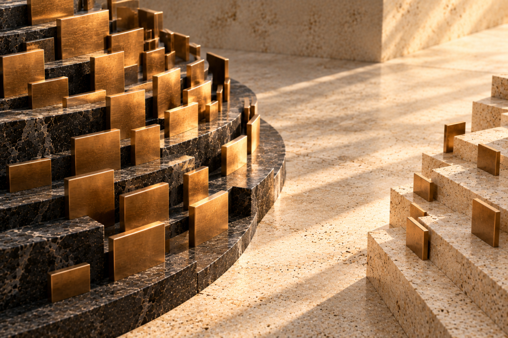 Opposing graphite and travertine terraces with staggered bronze plates representing market order book depth
