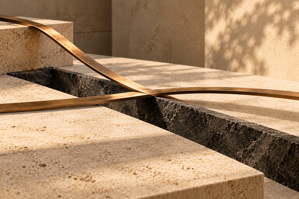 Two intersecting bronze ribbons above a dark graphite stone channel in a minimalist travertine composition