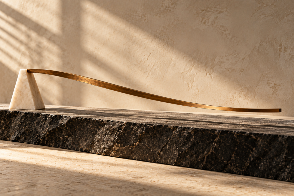 Sculptural bronze ribbon suspended over graphite stone with an ivory marble support