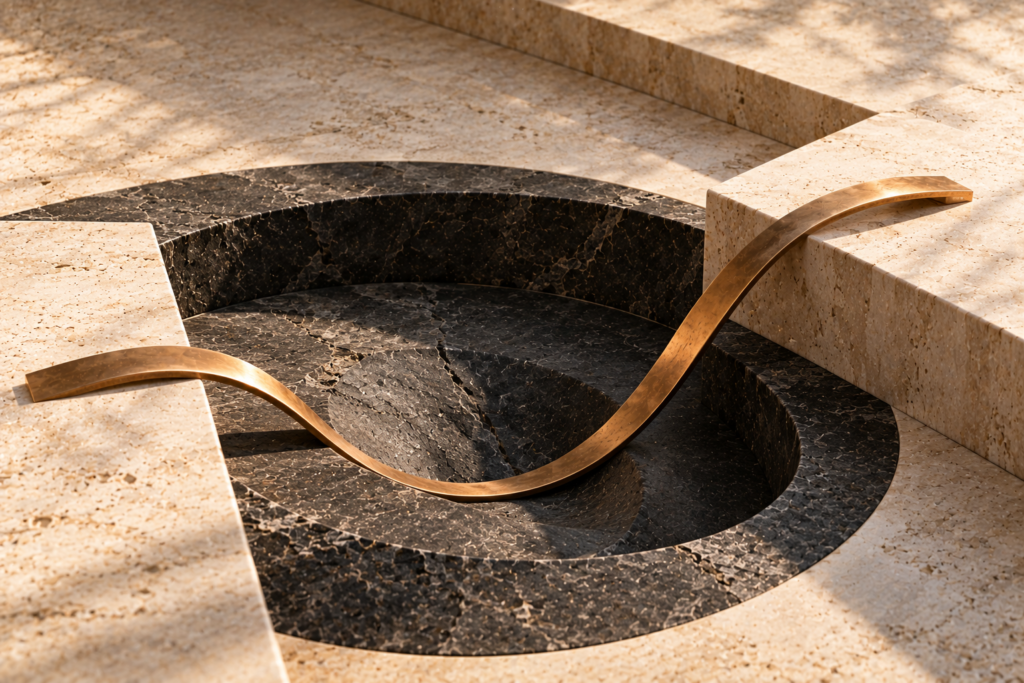 Circular graphite stone depression with a curved bronze ribbon between ivory travertine platforms