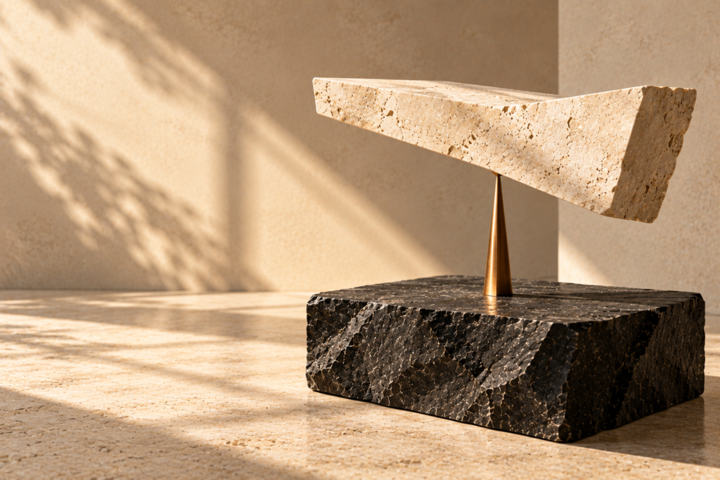 Minimalist limestone slab balanced on a slender bronze pivot above a textured graphite stone base