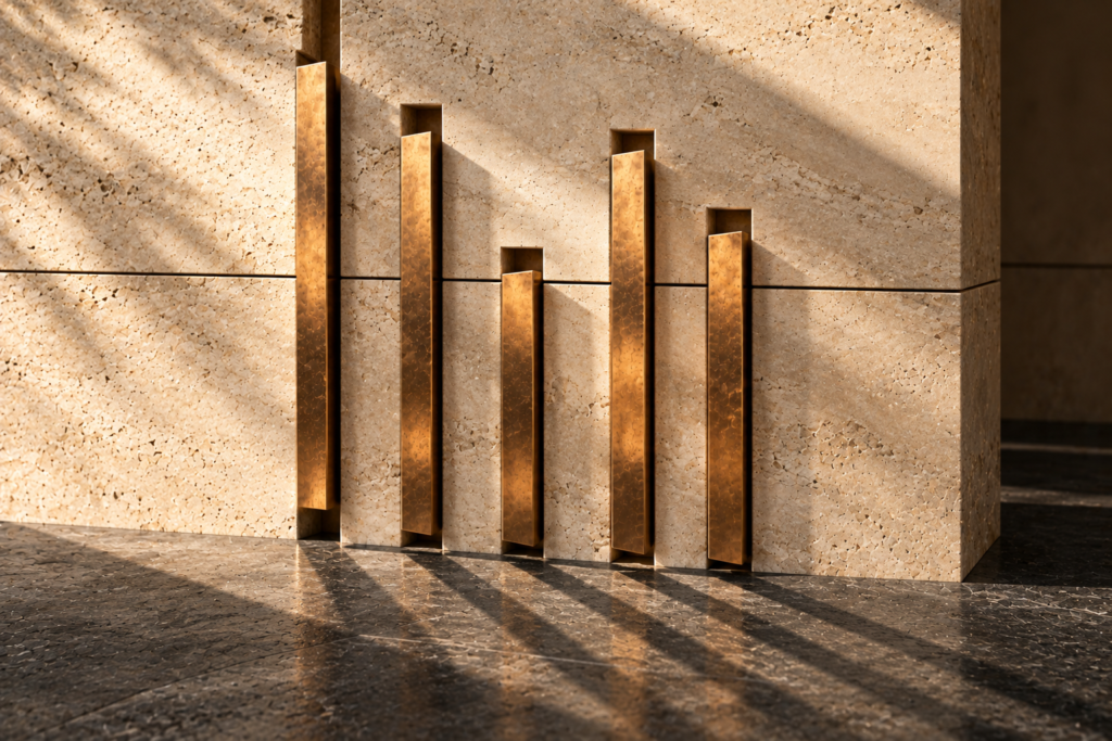 Five textured bronze architectural fins embedded in a limestone wall above a dark graphite stone floor
