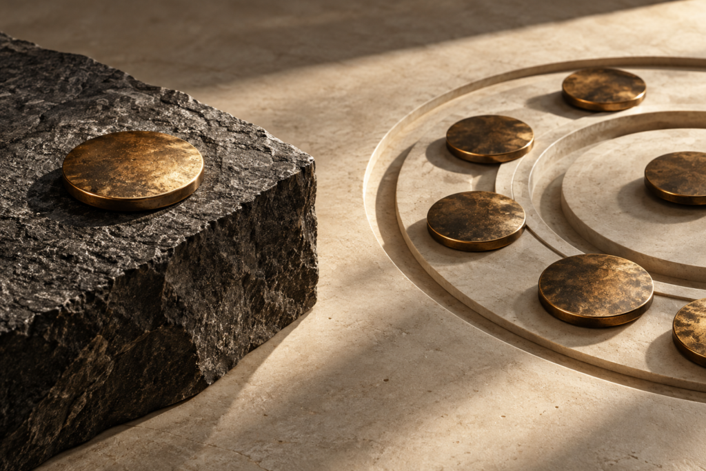 Abstract capital market concept with bronze discs on graphite stone and carved limestone surfaces