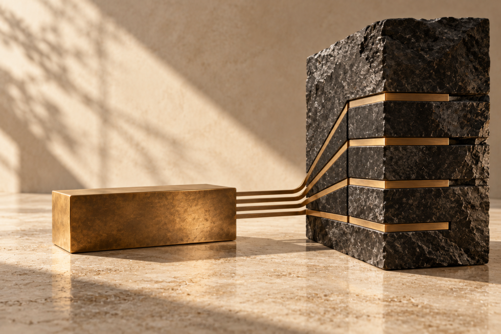 Abstract financial rights issue concept with bronze connections and layered graphite stone