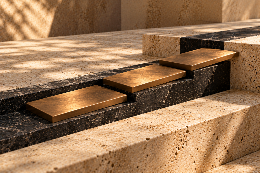 Three staggered bronze plates on stepped graphite stone surrounded by warm sunlit travertine