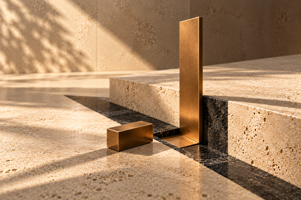 Vertical bronze gate beside a small bronze block and dark graphite channel in sunlit travertine architecture
