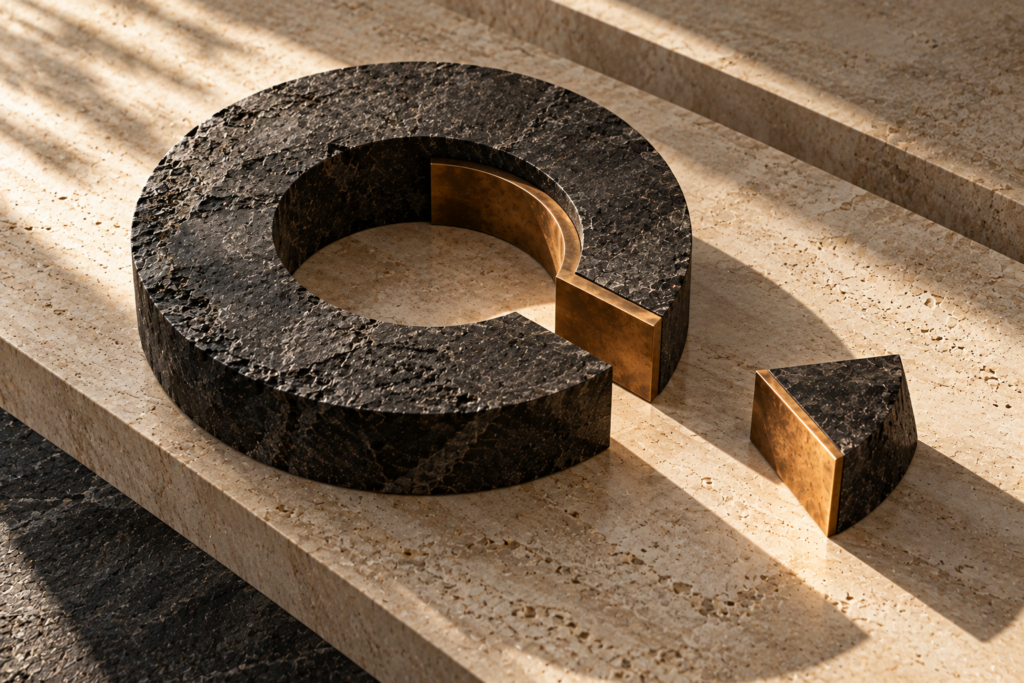 Minimalist graphite stone ring with a separated bronze-edged segment on a warm limestone surface