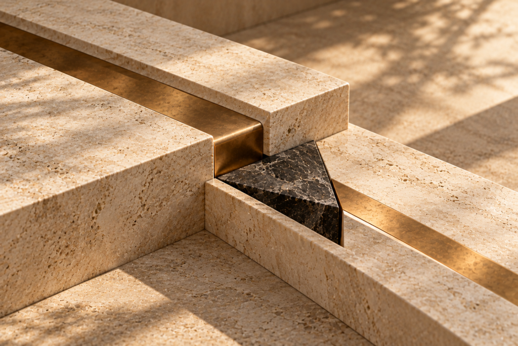 Layered ivory travertine slabs with a bronze inlay and dark graphite stone wedge in minimalist composition