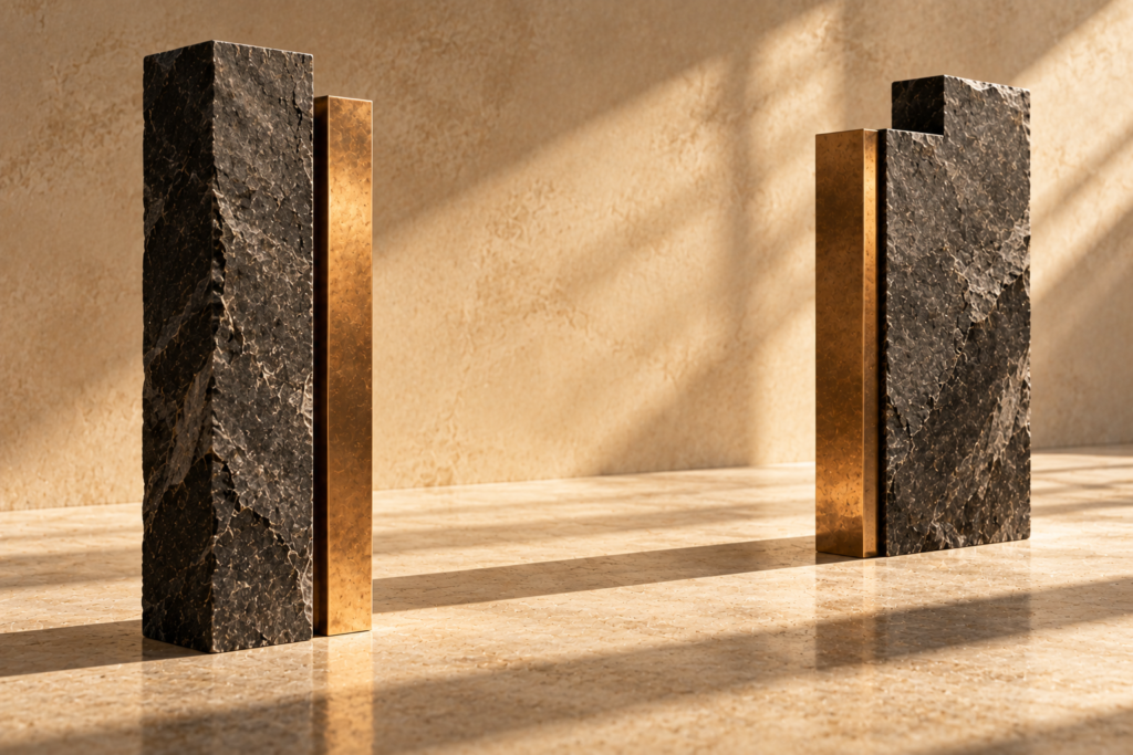 Two asymmetric graphite stone monoliths with bronze inlays on a warm limestone floor