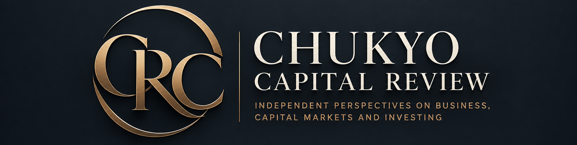 Chukyo Capital Review logo with elegant bronze CRC monogram and ivory serif typography on a dark graphite background